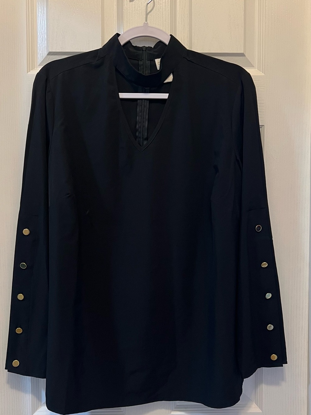Black V-Neck Long Sleeve Top with Button Detail